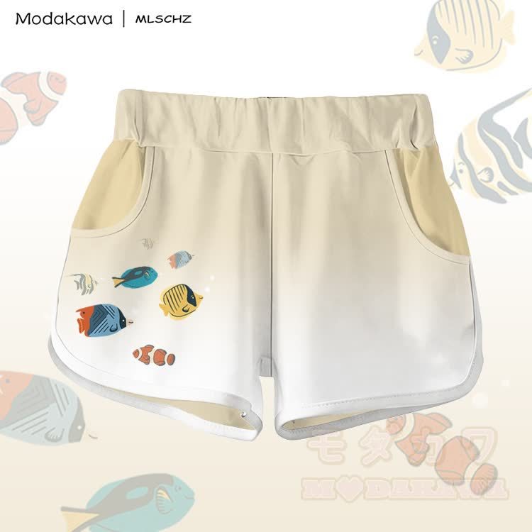 MODAKAWA X MLSCHZ Fish Graphic 100% Cotton T-shirt Gradient Shorts Matching Outfit - Light Beige Shorts - 5XL - image 7
