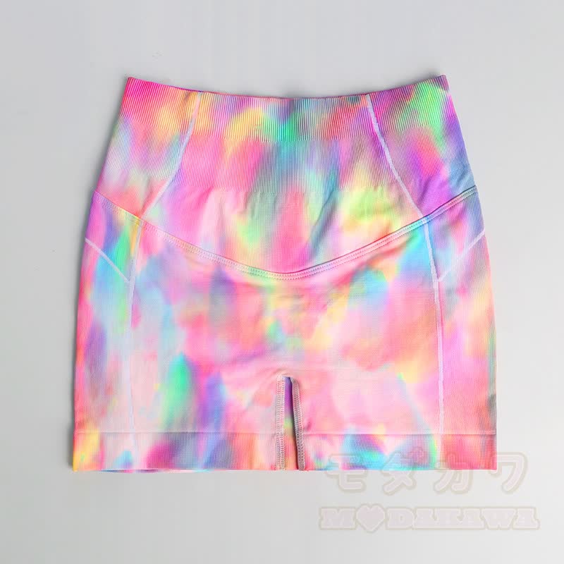 Aurora Print Mesh Crop Tank High Waist Yoga Shorts Two Pieces Set - Shorts - L - image 5