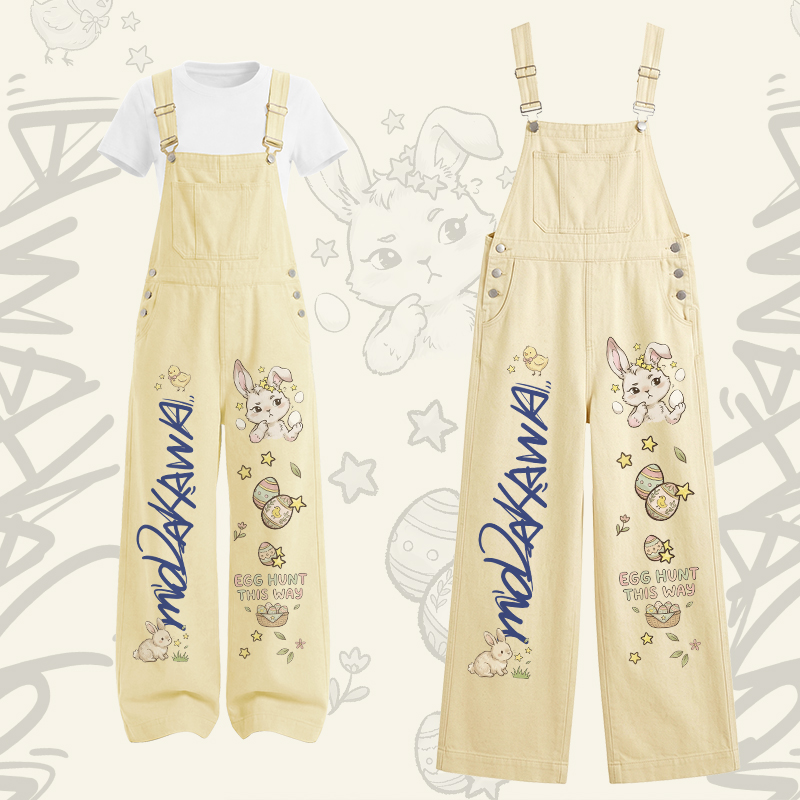 EGG HUNT THIS WAY Bunny Graphic U-Neck T-shirt Cargo Overalls Modakawa Two Pieces Set - Set C - XL - image 3
