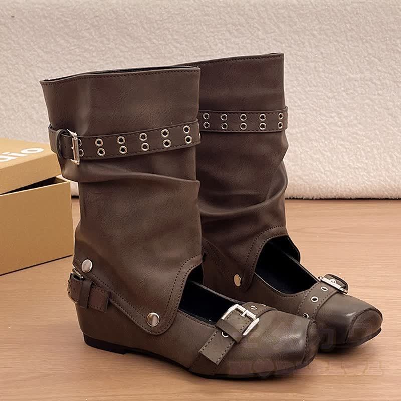 Vintage Buckle Strap Detachable Two-Way Wear Mid Calf Heel Boots - Brown - 42 - image 11