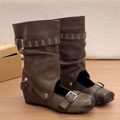 Vintage Buckle Strap Detachable Two-Way Wear Mid Calf Heel Boots - Brown - 42 - image 11