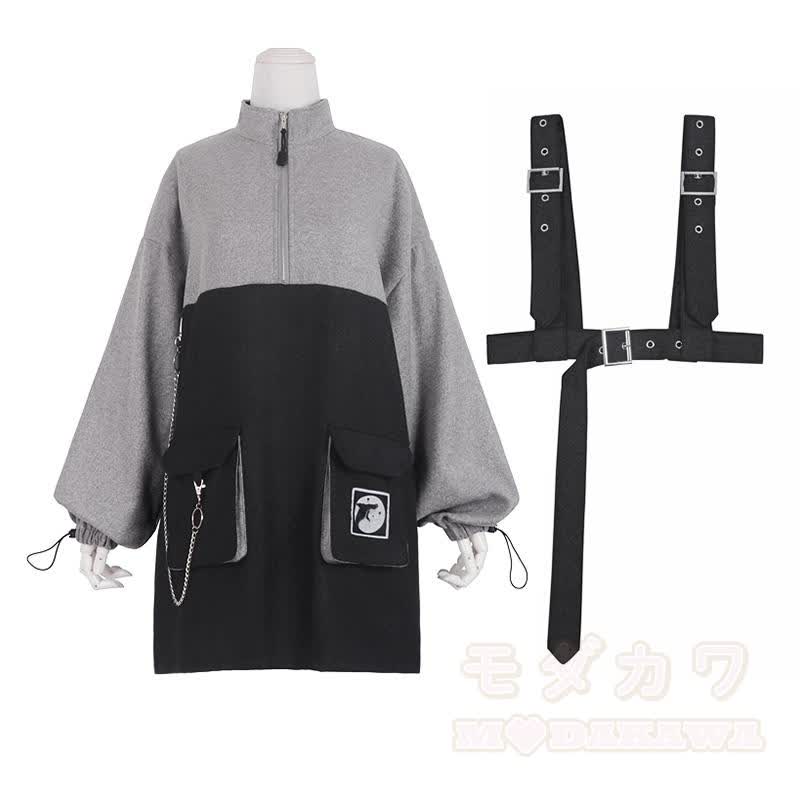 Punk Zipper Chain Pocket Sweatshirt Dress with Chest Waist Strap Adjustable Buckle Belt - image 7