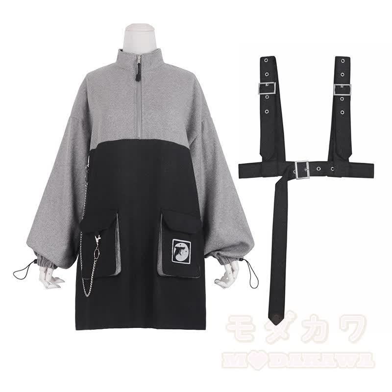 Punk Zipper Chain Pocket Sweatshirt Dress with Chest Waist Strap Adjustable Buckle Belt - image 7