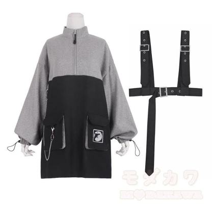 Punk Zipper Chain Pocket Sweatshirt Dress with Chest Waist Strap Adjustable Buckle Belt - image 7