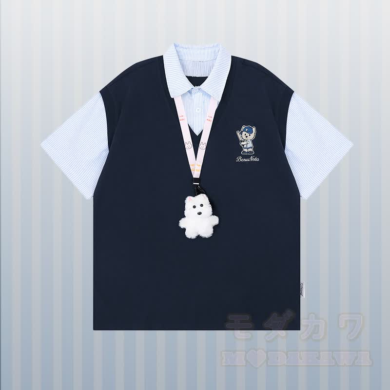 Puppy Embroidery Stripe Color Block Polo T-shirt Ripped Denim Pants Modakawa Matching Outfit - Blue T-shirt - XL - image 4