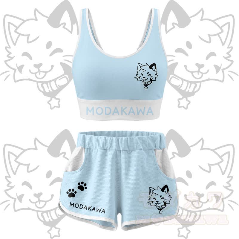 Kitty Graphic Crop Tank Sport Top Shorts Bikini Modakawa Matching Outfit - Blue Set - 5XL - image 16
