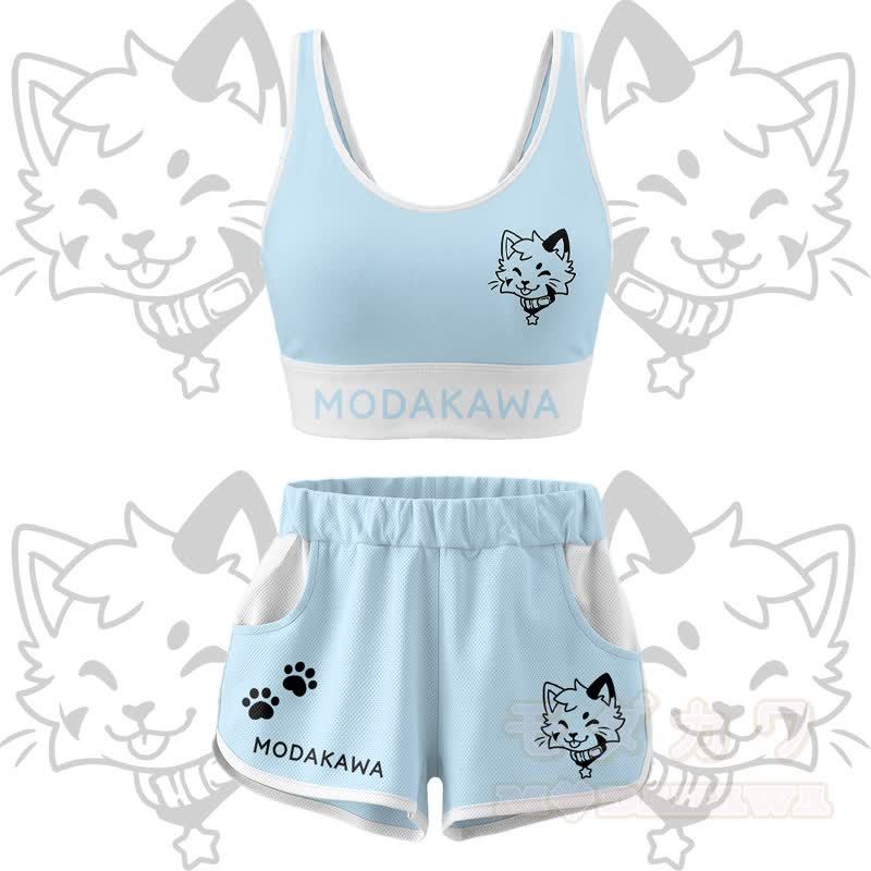 Kitty Graphic Crop Tank Sport Top Shorts Bikini Modakawa Matching Outfit - Blue Set - 5XL - image 16