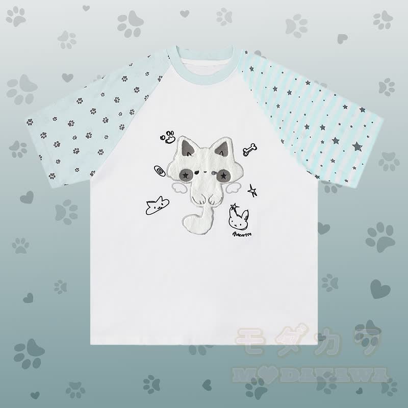 Flock Cat Graphic Raglan T-shirt Kitty Gingham Shorts Modakawa Matching Outfit - White T-shirt - L - image 6