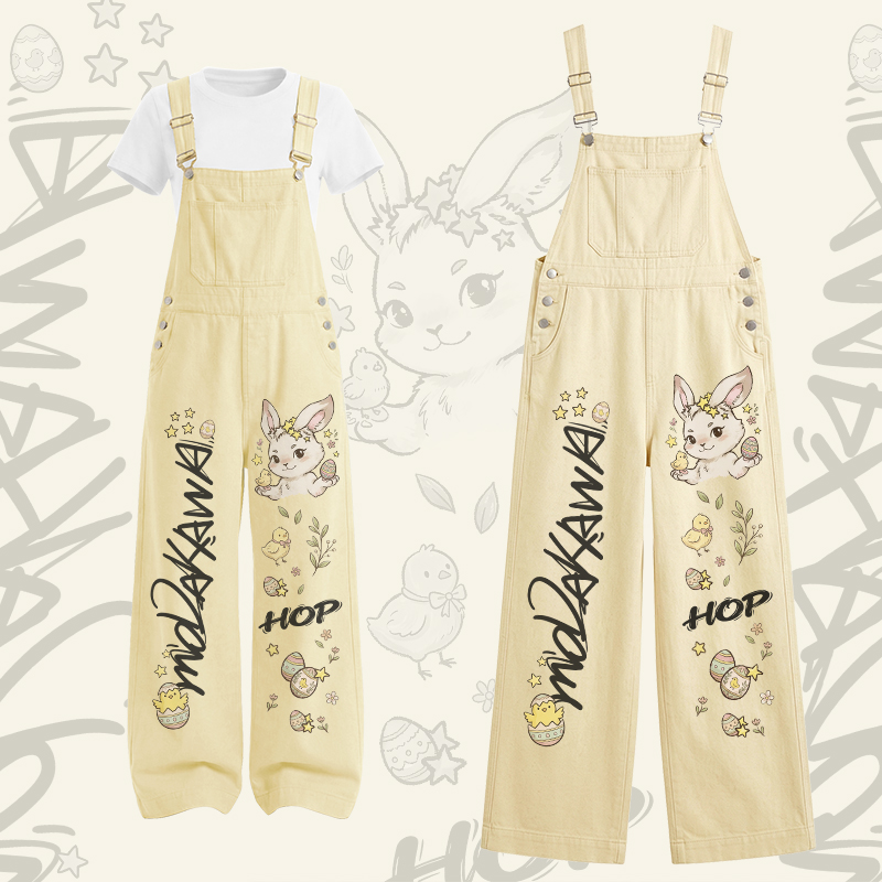 HOP Bunny Graphic U-Neck T-shirt Cargo Overalls Modakawa Two Pieces Set - Set C - XL - image 3