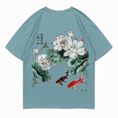 MODAKAWA Flower Fish Print Loose Summer Short Sleeve T-Shirt - Lake Blue - 5XL - image 9