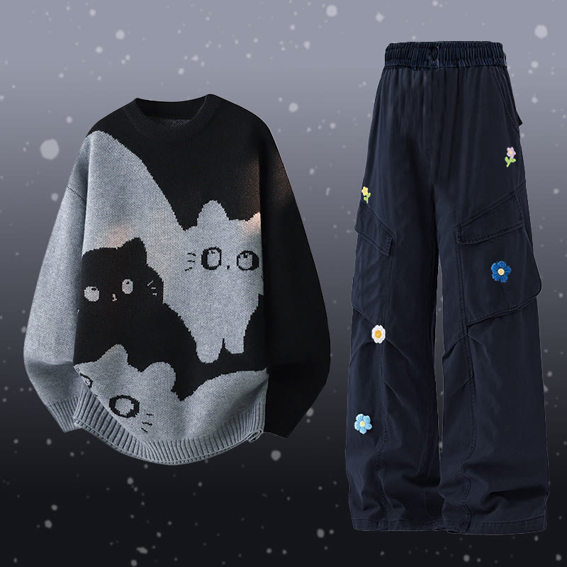 Kitty Knit Sweater Flower Cargo Pants Two Pieces - Set D - 2XL - image 4