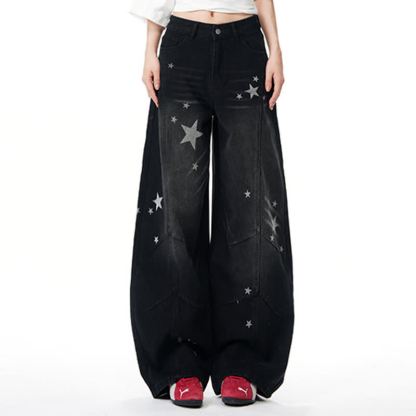 Star Print Gradient Denim Jacket Wide Leg Jeans Two Pieces Set - Black Pants - XL - image 11