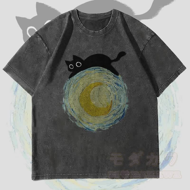 MODAKAWA Black Cat Lying On The Moon Graphic Unisex Vintage Washed T-Shirt - Black - 4XL - image 4