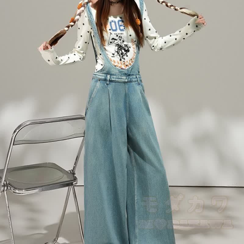 Sweet Butterfly Print Hoodie Wide Leg Denim Overalls Two Pieces Set - image 8