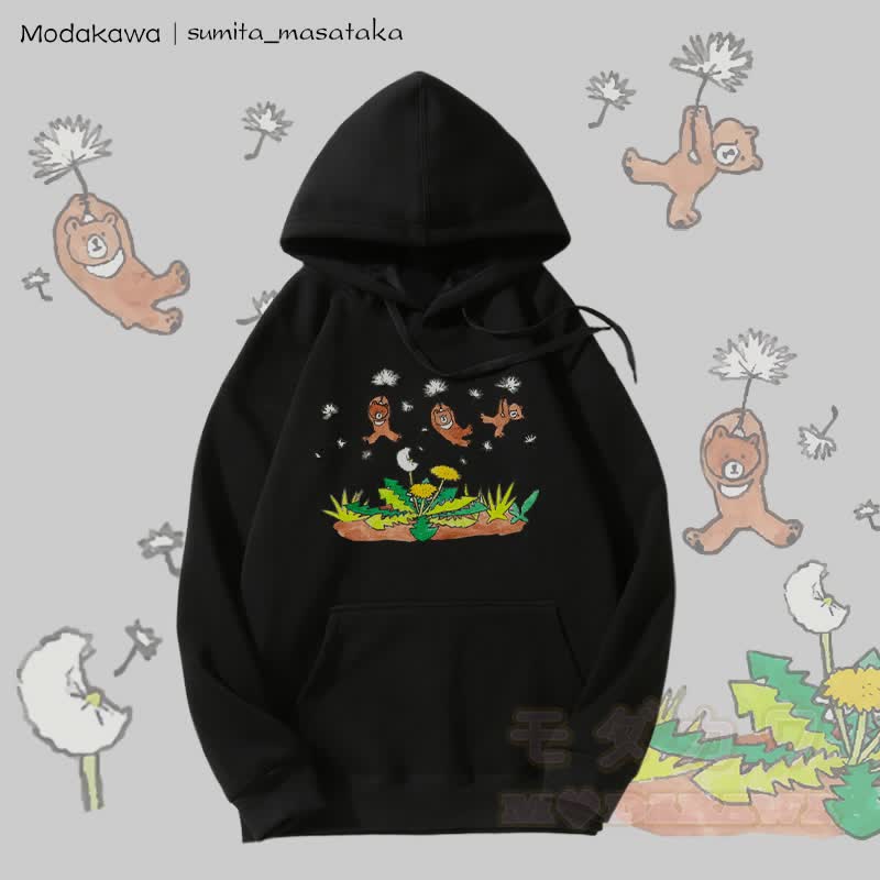 MODAKAWA X sumita_masataka Bears Floating With Dandelions Graphic Fleece Lined Hoodie - Black - 5XL - image 5
