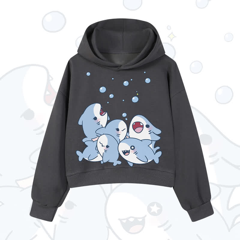 MODAKAWA Bubble Sharks Print Cropped Cotton Hoodie - Dark Grey - 3XL - image 3