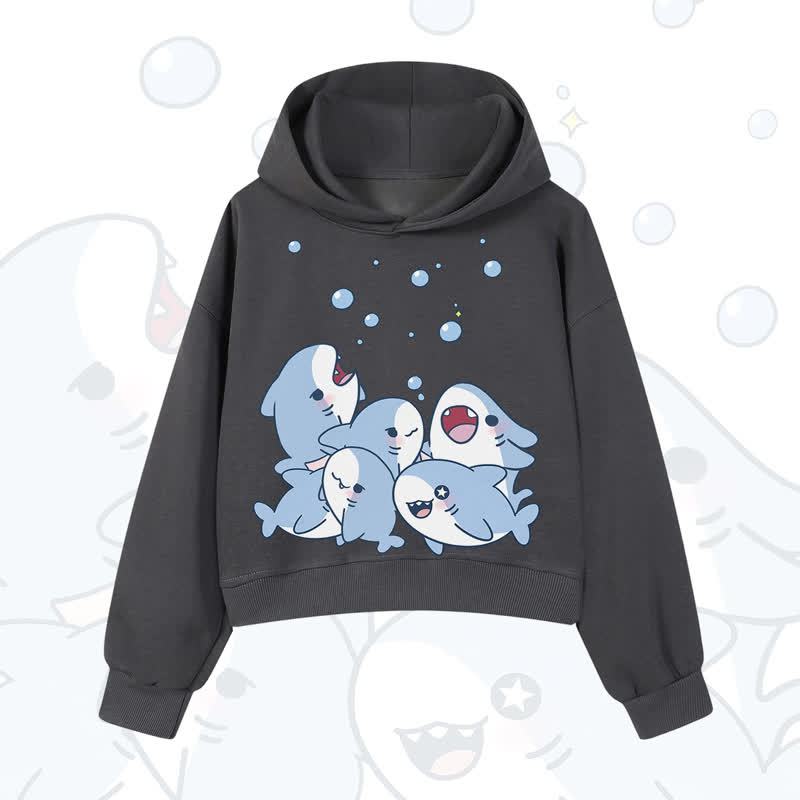 MODAKAWA Bubble Sharks Print Cropped Cotton Hoodie - Dark Grey - 3XL - image 3