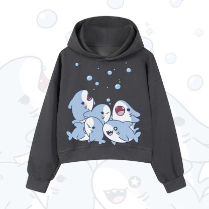 MODAKAWA Bubble Sharks Print Cropped Cotton Hoodie - Dark Grey - 3XL - image 3