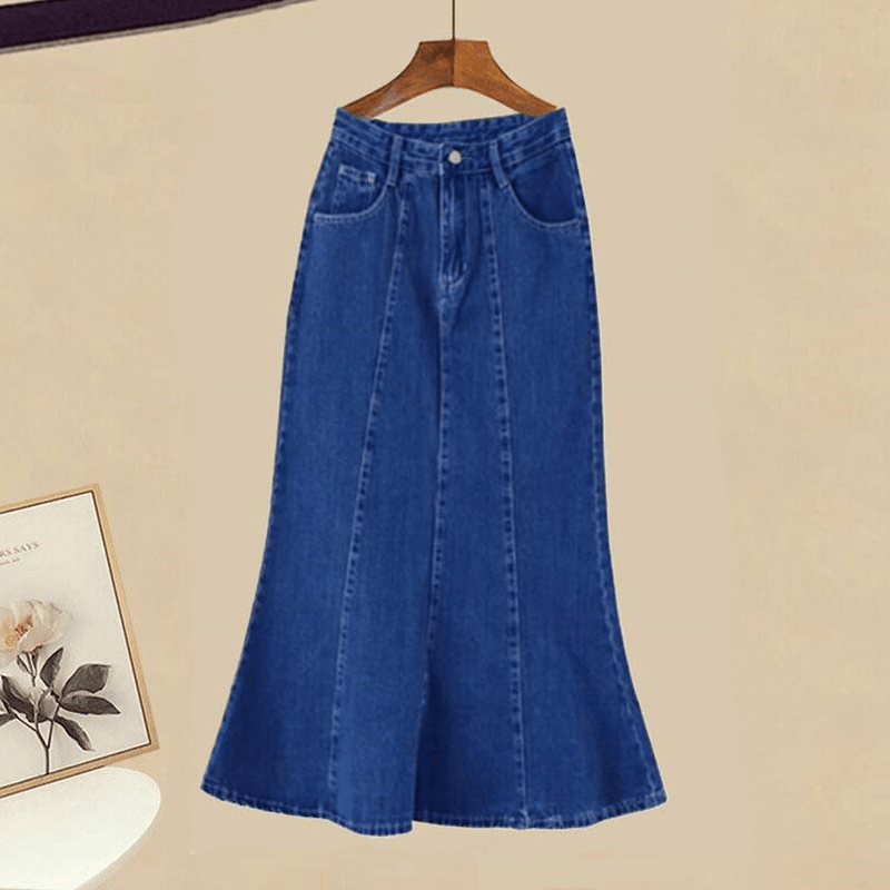 Pure Color Vest Shirt High Waist Fishtail Denim Skirt Matching Outfit - Blue Skirt - XL - image 7