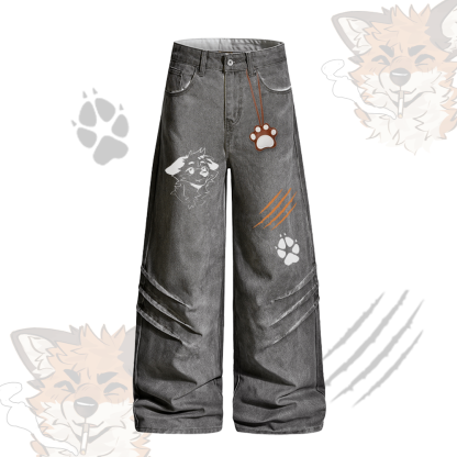 MODAKAWA X atka Smoking Fox Graphic Vintage Washed 100% Cotton T-shirt Denim Pants Matching Outfit - Grey Pants - 2XL - image 7