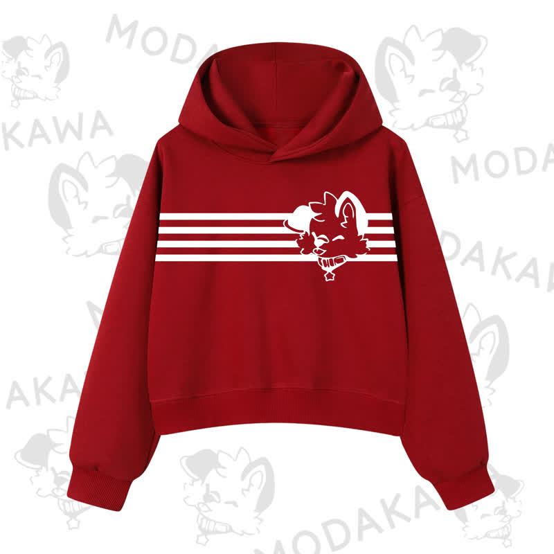Modakawa Dog Graphic Stripe Cropped Cotton Hoodie - Red B - 3XL - image 13