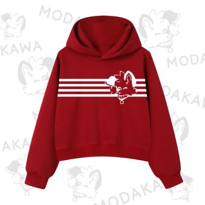 Modakawa Dog Graphic Stripe Cropped Cotton Hoodie - Red B - 3XL - image 13