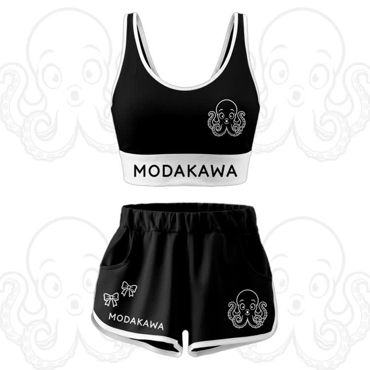 Octopus Graphic Crop Tank Sport Top Shorts Modakawa Matching Outfit - Black Set - 5XL - image 14