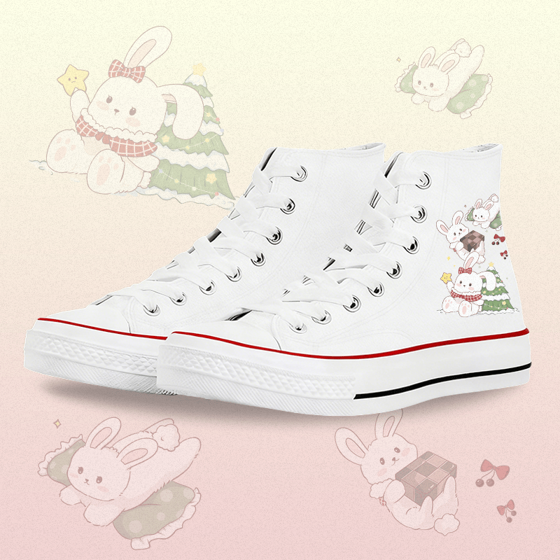 MODAKAWA Playful Bunny Graphic High Top Canvas Shoes - White B - 45 - image 2
