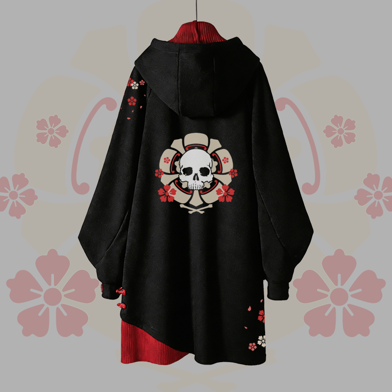Sakura Skull Graphic Buckle Vintage Hooded Sweatshirt Dress - image 2