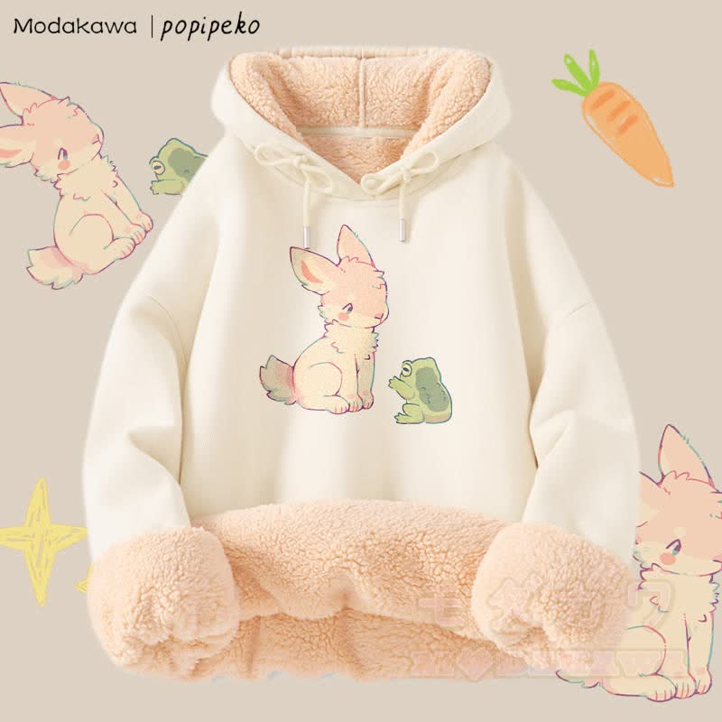 MODAKAWA X popipeko Bunny And Frog Graphic Thick Fleece Lined Winter Hoodie - Apricot - 2XL - image 3