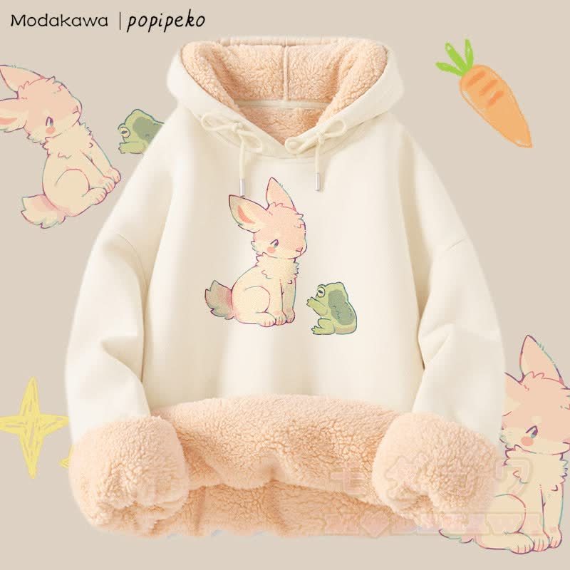 MODAKAWA X popipeko Bunny And Frog Graphic Thick Fleece Lined Winter Hoodie - Apricot - 2XL - image 3
