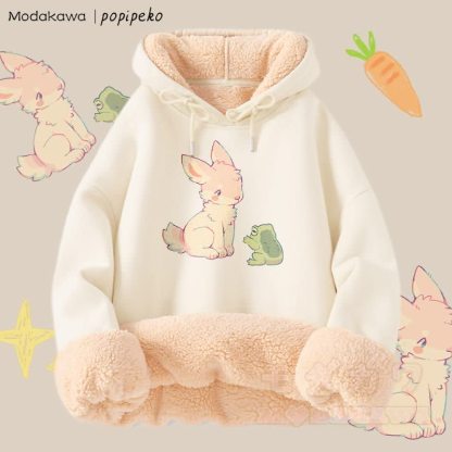 MODAKAWA X popipeko Bunny And Frog Graphic Thick Fleece Lined Winter Hoodie - Apricot - 2XL - image 3