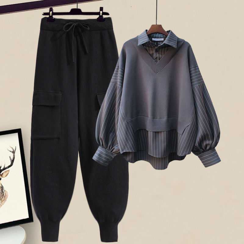 Stripe Lapel Shirt Lace Up Pants Casual Matching Outfit - Gray Shirt+Black Pants - 4XL - image 1