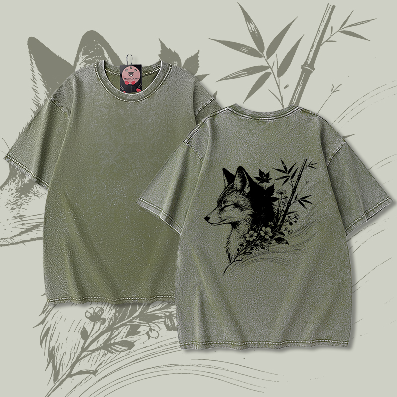 Bamboo Fox Graphic Modakawa Unisex Vintage Washed T-shirt - Green - 5XL - image 5