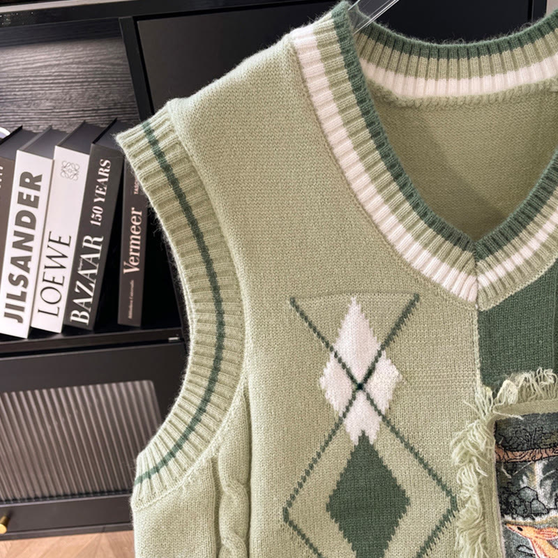 V-neck Color Block Tassel Knit Vest - image 3