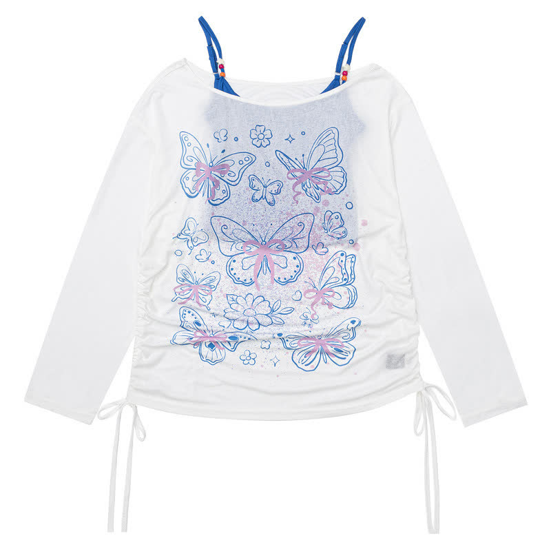 Gradient Butterfly Print Drawstring Side Long Sleeve Cover Up Top - White - L - image 5