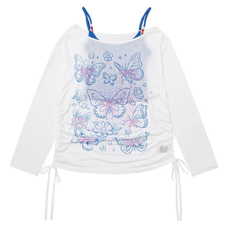 Gradient Butterfly Print Drawstring Side Long Sleeve Cover Up Top - White - L - image 5
