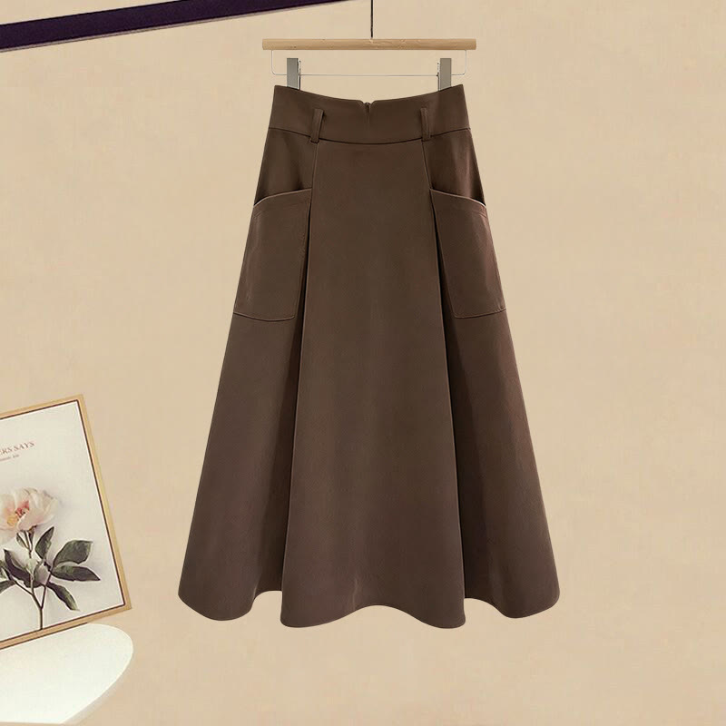 Knit Lace-up Cardigan Pocket Skirt Matching Outfit - Brown Skirt - 3XL - image 4