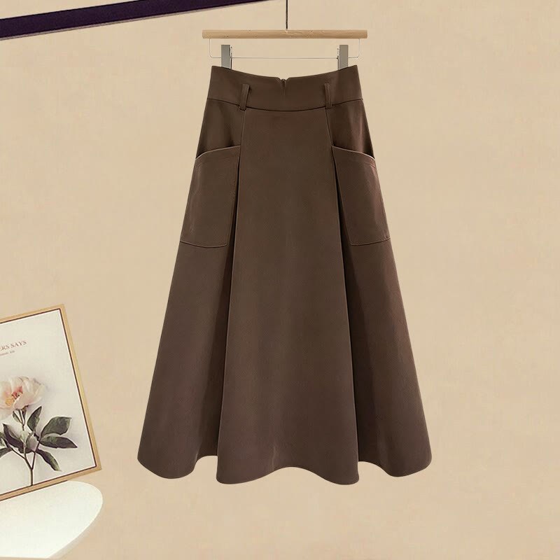 Knit Lace-up Cardigan Pocket Skirt Matching Outfit - Brown Skirt - 3XL - image 4
