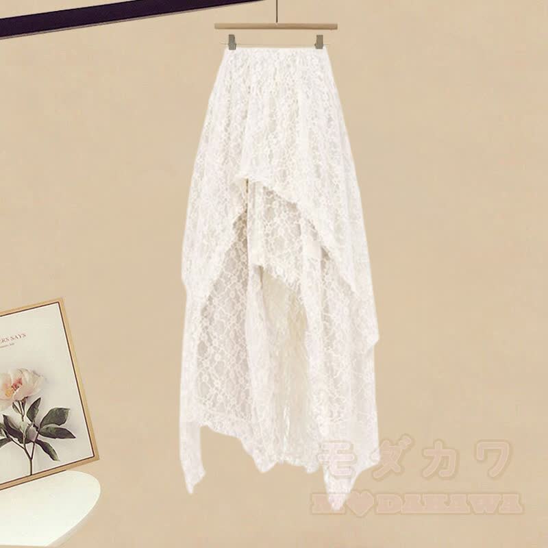 Irregular Letter Graphic T-shirt Lace Skirt Wide Leg Pantskirt Matching Outfit - Skirt (Single) - XL - image 3