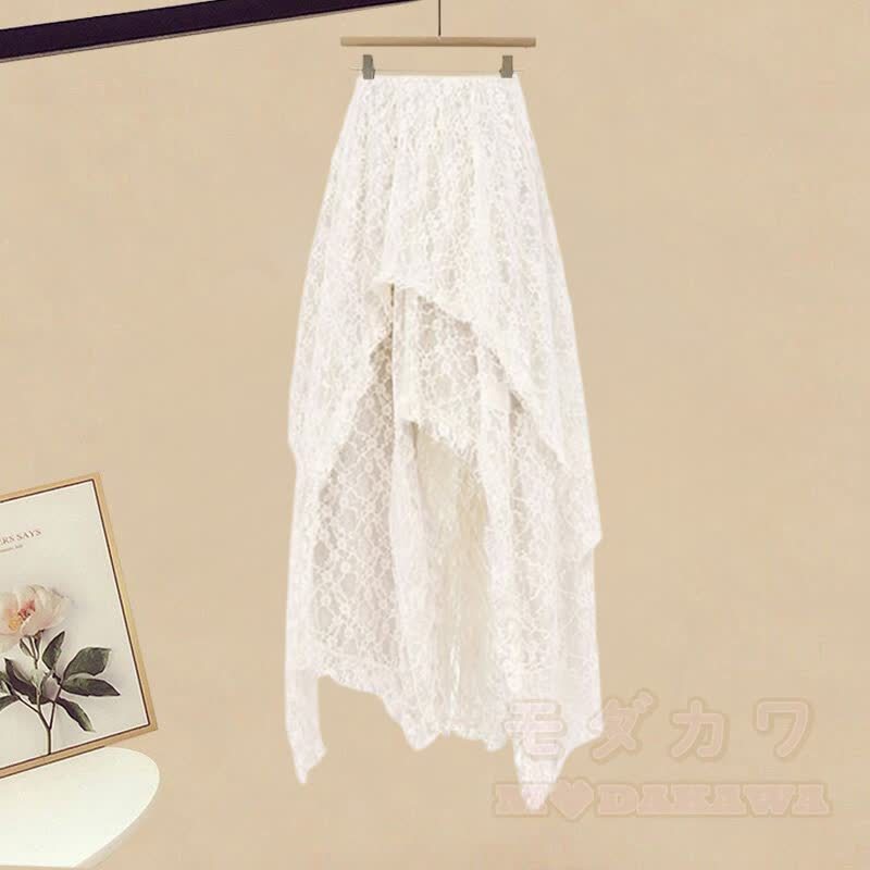 Irregular Letter Graphic T-shirt Lace Skirt Wide Leg Pantskirt Matching Outfit - Skirt (Single) - XL - image 3