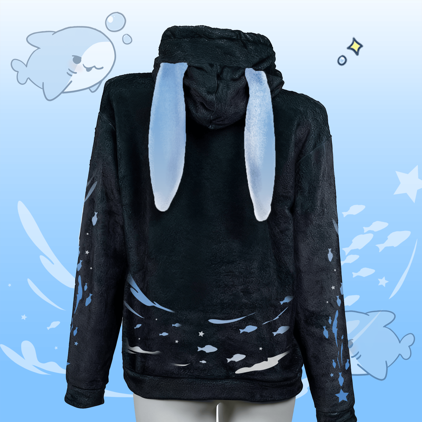 MODAKAWA Playful Shark Graphic Plush Hoodie with Bunny Ears - image 3