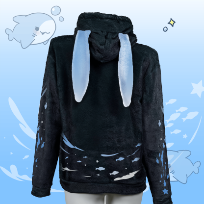 MODAKAWA Playful Shark Graphic Plush Hoodie with Bunny Ears - image 3