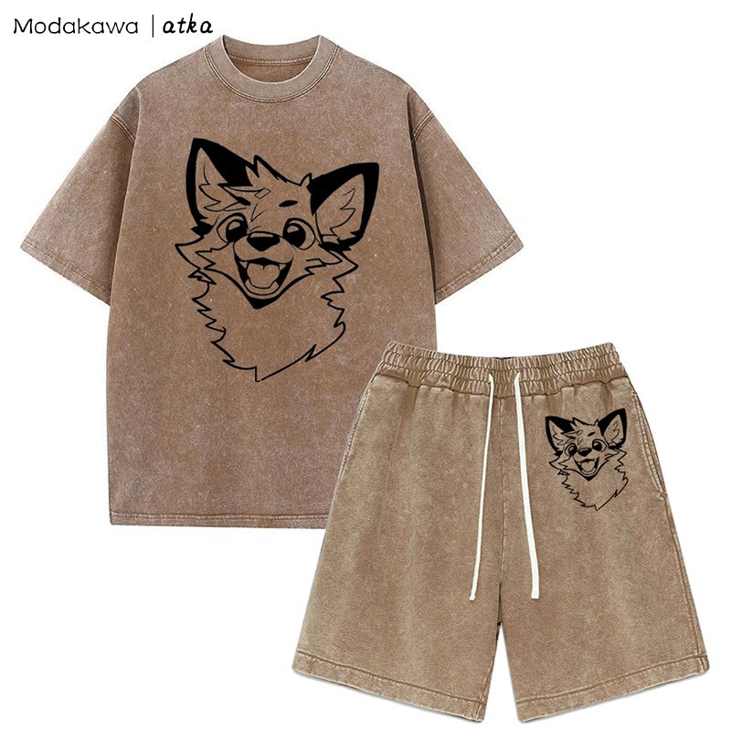 MODAKAWA X atka Fox T-shirt Vintage Washed Shorts Two Pieces Set - Brown - 3XL - image 13