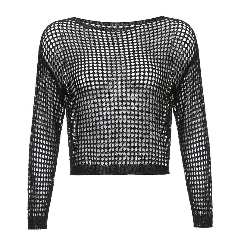 Loose Hollow Out See Through Mesh Crochet Crop Top - Black - L - image 2