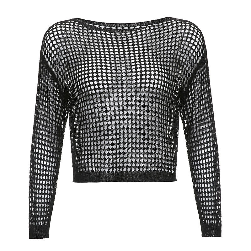 Loose Hollow Out See Through Mesh Crochet Crop Top - Black - L - image 2