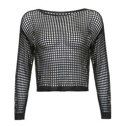 Loose Hollow Out See Through Mesh Crochet Crop Top - Black - L - image 2
