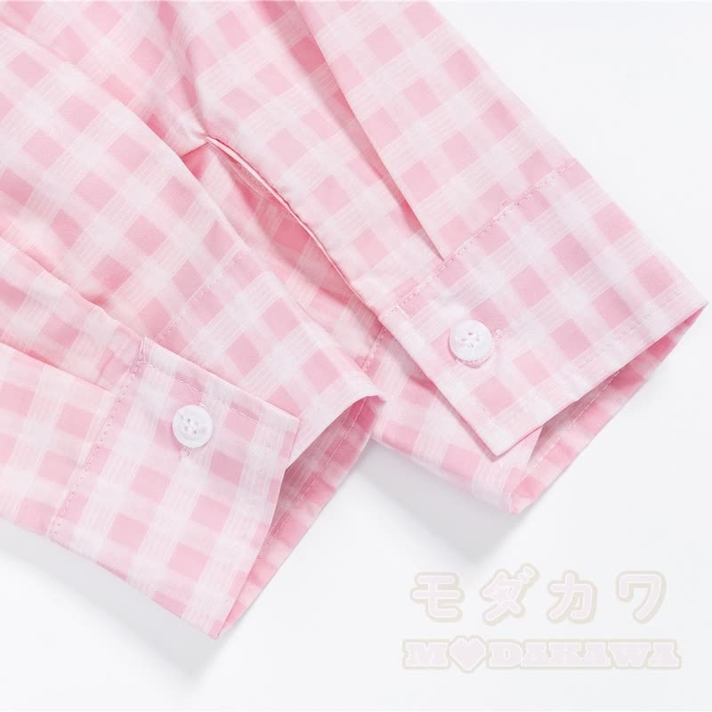 High Quality Cat Embroidery Plaid Long Sleeve Loose Shirt - image 8