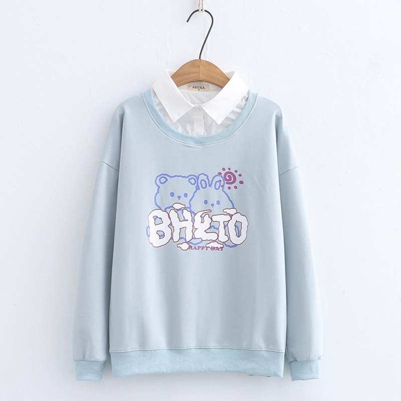 Cartoon Bear Bunny Print Fake Two Pieces Sweatshirt - Blue - L - image 4