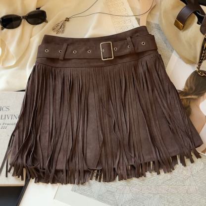 Vintage Faux Suede Mini Skirt with Fringe and Belt - Dark Brown - XL - image 5